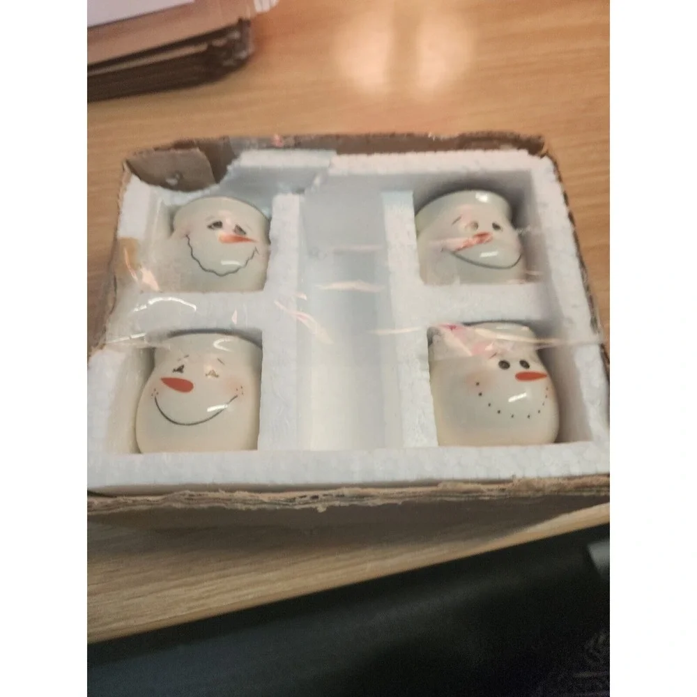 Set of 4 Snowman Mini Jar Candles Ceramic Painted Christmas‎ Holiday Winter